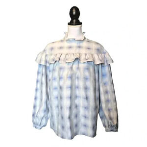 Julie Fagerholt Heartmade Tasky Blue Striped Metallic Top Size 40 Ruffle Smocked